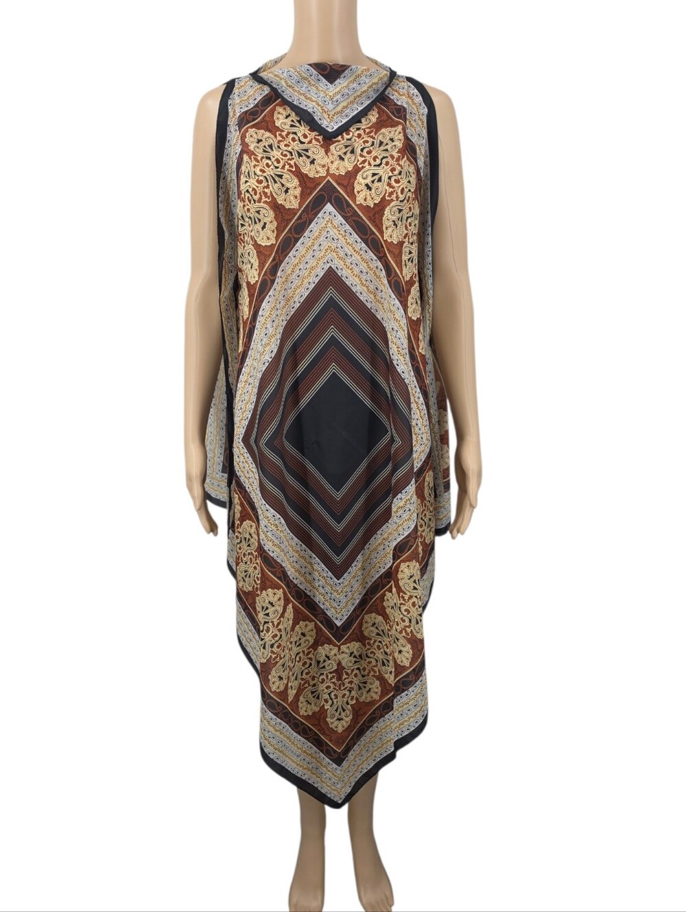 Vintage Cole Of California Ornate Square Scarf Top Black Brown Gold Pattern